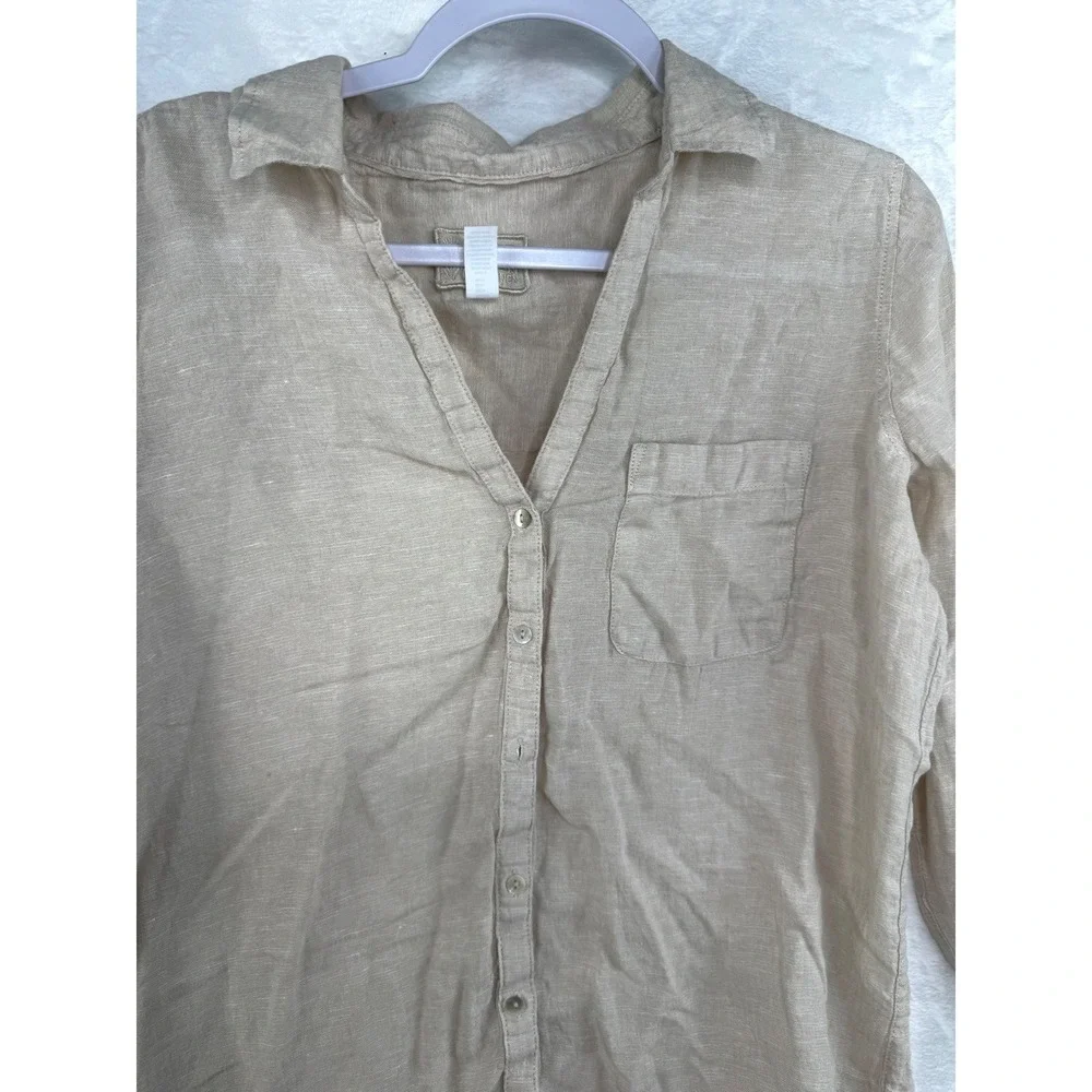 Sigrid Olsen Mens Oatmeal Beige 100% Linen Long Sleeve Button Down Shirt Size M